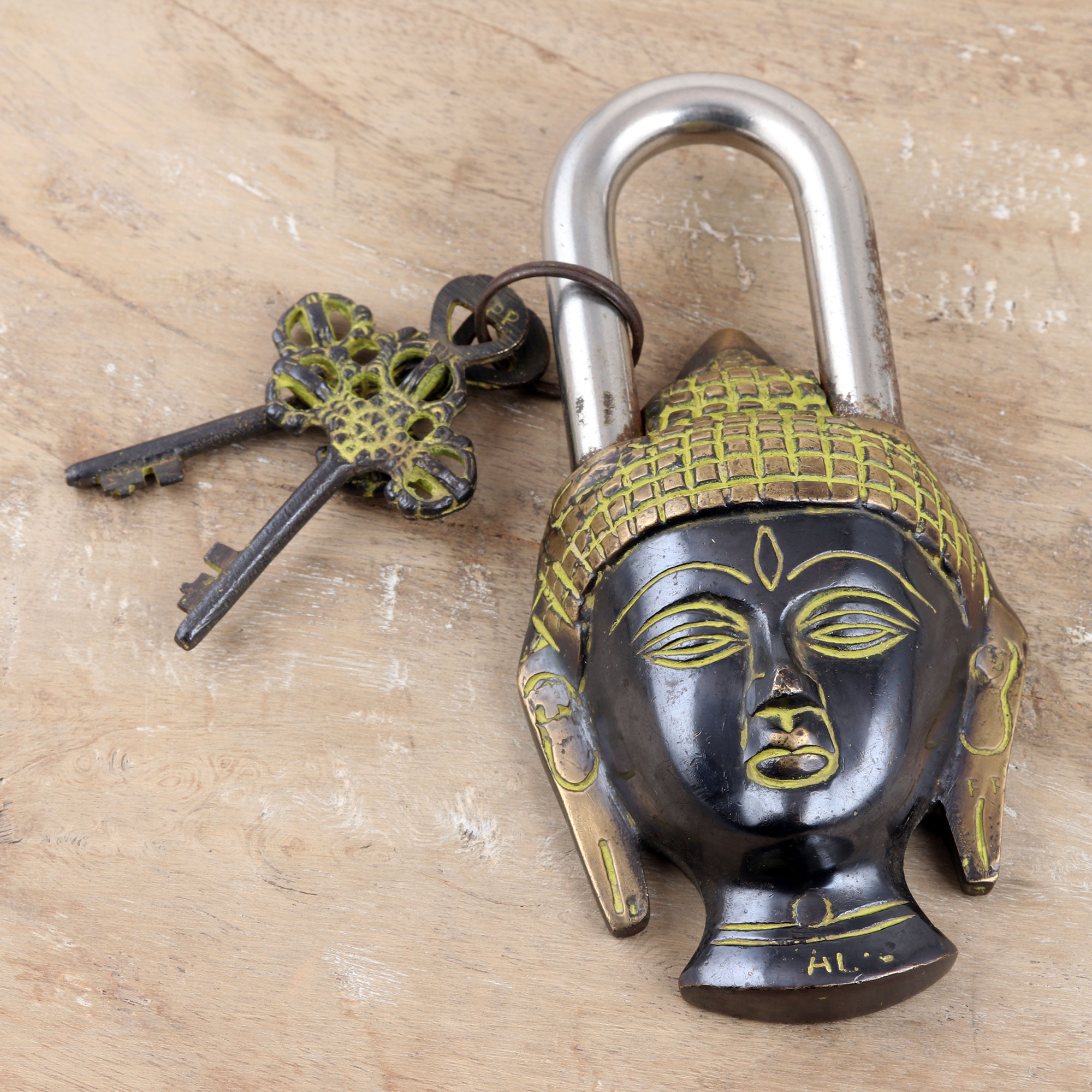 Brass Lock and Key Set with Buddha Motif (3 Pieces) - Buddha's