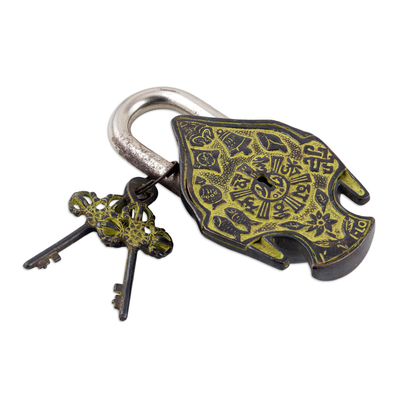 Brass lock and key set, 'Buddha's Treasure' (3 pieces) - Brass Lock and Key Set with Buddha Motif (3 Pieces)