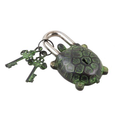 Juego de cerradura y llave de latón, (3 piezas) - Juego de cerradura y llave de latón con motivo de tortuga (3 piezas)