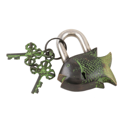 Brass Lock and Key Set with Fish Motif (3 Pieces)