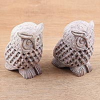 Soapstone tealight candle holders, 'Owl's Light' (pair) - Tealight Candle Holders with Owl Motif (Pair)