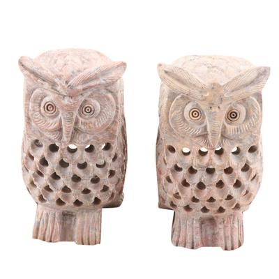 Soapstone tealight candle holders, 'Owl's Light' (pair) - Tealight Candle Holders with Owl Motif (Pair)
