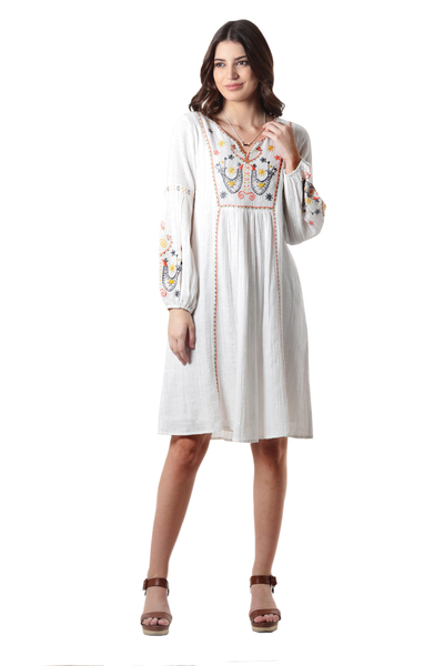 Vestido midi de algodón bordado, 'Spring Sonata' - Vestido de algodón bordado artesanal