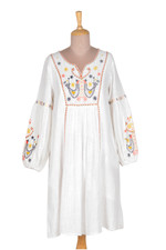 Embroidered cotton midi dress, 'Spring Sonata' - Artisan Embroidered Cotton Dress