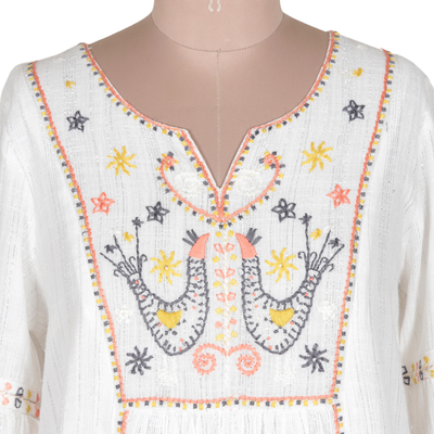 Embroidered cotton midi dress, 'Spring Sonata' - Artisan Embroidered Cotton Dress