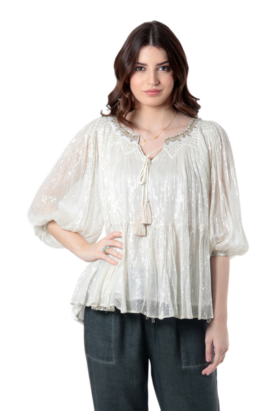 Embroidered cotton blouse, 'Sunday Tea' - Hand-Embroidered Cotton Blouse with Lurex Thread
