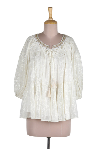 Embroidered cotton blouse, 'Sunday Tea' - Hand-Embroidered Cotton Blouse with Lurex Thread
