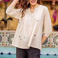 Cotton blouse, 'Dancing Constellation' - Striped and Starry Printed Cotton Blouse with Glass Beads