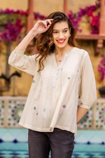 Cotton blouse, 'Shooting Stars' - Striped and Starry Printed Cotton Blouse with Glass Beads