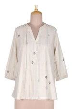Cotton blouse, 'Shooting Stars' - Striped and Starry Printed Cotton Blouse with Glass Beads