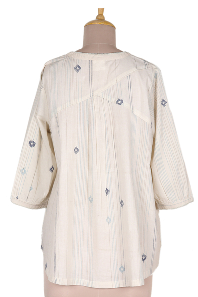 Cotton blouse, 'Shooting Stars' - Striped and Starry Printed Cotton Blouse with Glass Beads