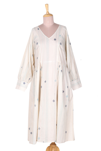 Ecru Printed Cotton Dress with Pockets and V-Neckline