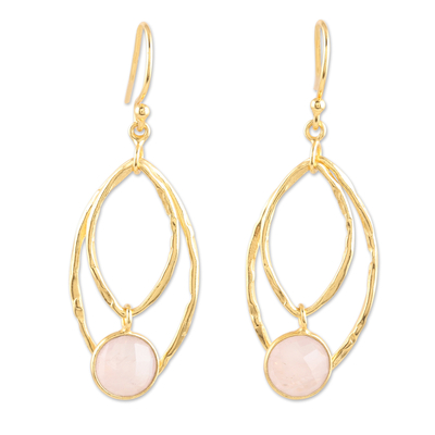 Gold-plated rose quartz dangle earrings, 'Private Eyes' - Hand Crafted Gold-Plated Rose Quartz Dangle Earrings