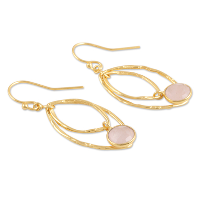 Gold-plated rose quartz dangle earrings, 'Private Eyes' - Hand Crafted Gold-Plated Rose Quartz Dangle Earrings