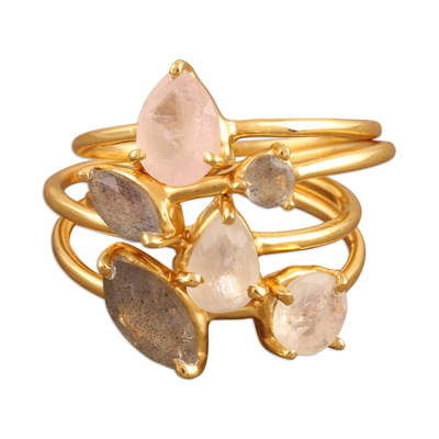 Gold-plated gemstone stacking rings, 'Sparkling Stars' (set of 4) - Indian Gold-Plated Gemstone Stacking Rings (Set of 4)