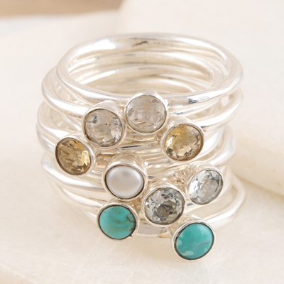 Gemstone stacking rings, ' Heart's Content' (set of 9) - Blue Topaz and Cultured Pearl Stacking Rings (Set of 9)