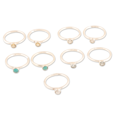 Gemstone stacking rings, ' Heart's Content' (set of 9) - Blue Topaz and Cultured Pearl Stacking Rings (Set of 9)