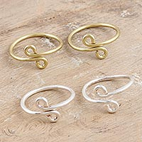 Sterling silver and brass toe rings, 'Here and There' (set of 4) - Handcrafted Sterling Silver and Brass Toe Rings (Set of 4)