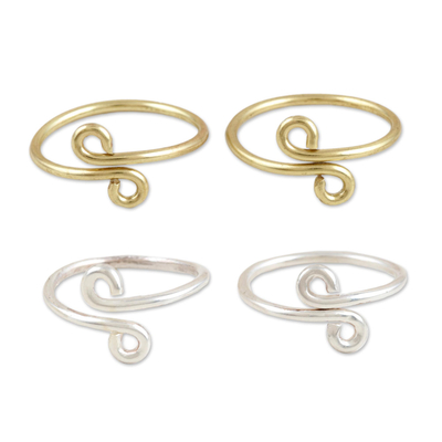 Sterling silver and brass toe rings, 'Here and There' (set of 4) - Handcrafted Sterling Silver and Brass Toe Rings (Set of 4)