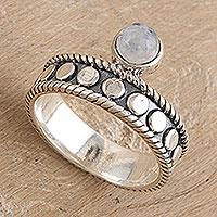 Rainbow moonstone single stone ring, 'Misty Crown' - Sterling Silver and Rainbow Moonstone Single Stone Ring