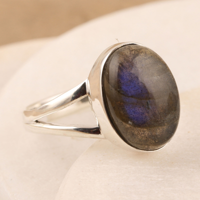 Labradorite single stone ring, 'Soft Blush in Iridescent' - Labradorite and Sterling Silver Single Stone Ring from India