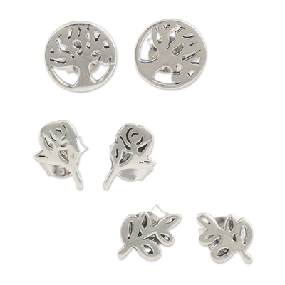 Nature-Themed Sterling Silver Stud Earrings (Set of 3)