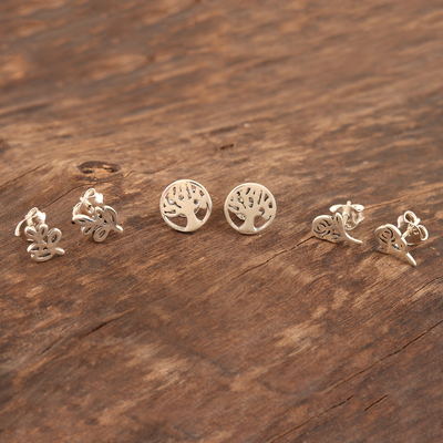 Sterling silver stud earrings, 'Garden Trio' (set of 3) - Nature-Themed Sterling Silver Stud  Earrings (Set of 3)