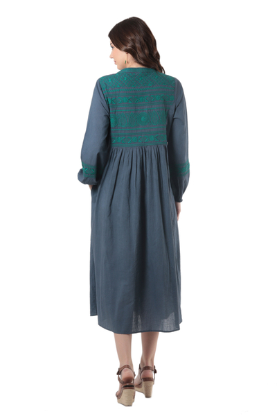 Embroidered cotton empire-waist dress, 'Gentle Valley' - Embroidered Cotton Empire Waist Dress with Floral Motif