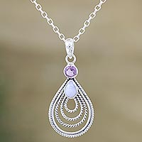 Collar colgante de amatista y piedra lunar arco iris, 'Radiate in Purple' - Collar colgante hecho a mano de amatista y piedra lunar arco iris