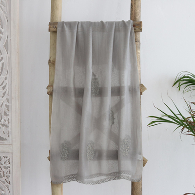 Embroidered cotton and silk blend shawl, 'Grey Gossamer' - Sheer Cotton and Silk Blend Shawl