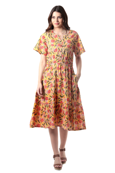 Hand-embroidered cotton fit & flare dress, 'Indian Tea' - Cotton Fit & Flare Dress with Kantha Stitching