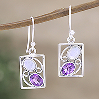 Amethyst and rainbow moonstone dangle earrings, 'Sweet Companions' - Handmade Amethyst and Rainbow Moonstone Earrings