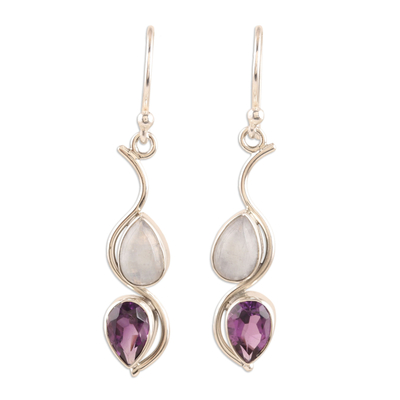 Amethyst and rainbow moonstone dangle earrings, 'Hall of Fame in Purple' - Handcrafted Indian Amethyst Dangle Earrings