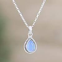 Chalcedony pendant necklace, 'Halo Effect in Blue' - Indian Chalcedony and Sterling Silver Pendant Necklace