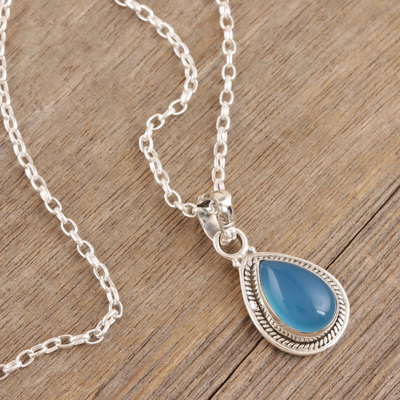 Chalcedony pendant necklace, 'Halo Effect in Blue' - Indian Chalcedony and Sterling Silver Pendant Necklace