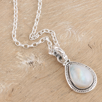 Rainbow moonstone pendant necklace, 'Halo Effect in White' - Rainbow Moonstone and Sterling Silver Pendant Necklace