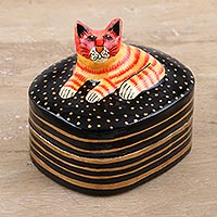 Papier mache and wood decorative box, 'Feline Friend' - Hand-Painted Cat Papier Mache and Wood Decorative Box
