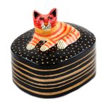 Papier mache and wood decorative box, 'Feline Friend' - Hand-Painted Cat Papier Mache and Wood Decorative Box