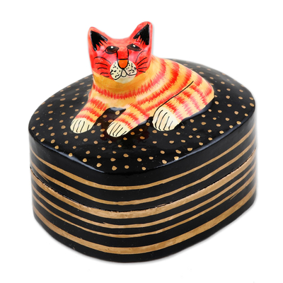 Hand-Painted Cat Papier Mache and Wood Decorative Box