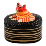 Papier mache and wood decorative box, 'Feline Friend' - Hand-Painted Cat Papier Mache and Wood Decorative Box