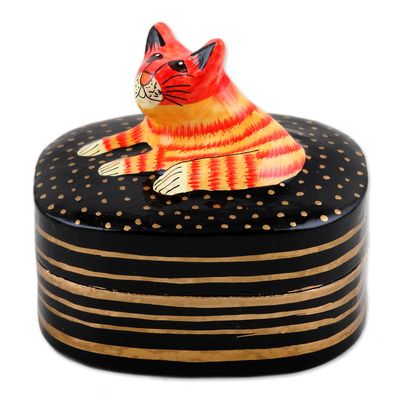 Dekorative Schachtel aus Pappmaché und Holz, 'Katzenfreund' - Handbemalte Katze Pappmaché und Holz Dekorative Box