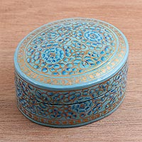 Blue Floral Papier Mache and Wood Oval Decorative Box,'Blue Blossoms'