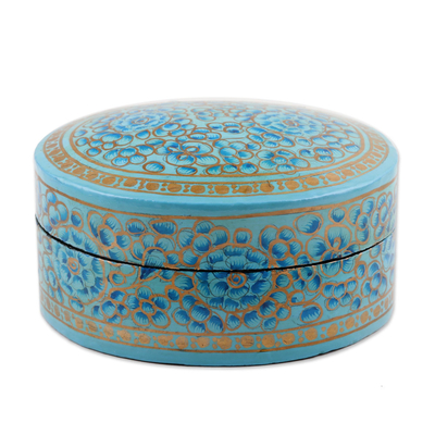 Papier mache and wood decorative box, 'Blue Blossoms' - Blue Floral Papier Mache and Wood Oval Decorative Box