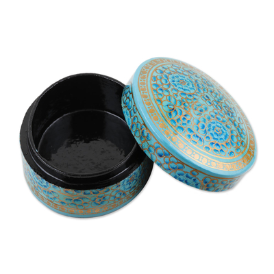 Deko-Box aus Pappmaché und Holz - Ovale dekorative Box aus Pappmaché und Holz mit blauem Blumenmuster