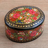 Papier mache and wood decorative box, 'Summer Bouquet' - Floral Papier Mache and Wood Oval Decorative Box