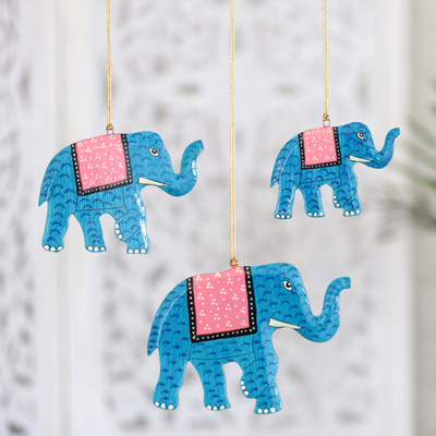 Wood ornaments, 'Festival Elephants in Blue' (set of 3) - Hand-Painted Blue Elephant Wood Ornaments (Set of 3)