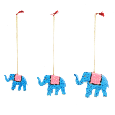 Wood ornaments, 'Festival Elephants in Blue' (set of 3) - Hand-Painted Blue Elephant Wood Ornaments (Set of 3)