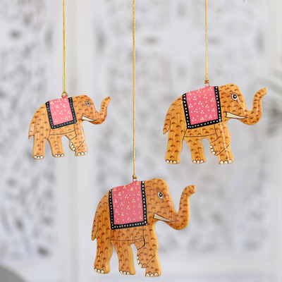Wood ornaments, 'Festival Elephants in Yellow' (set of 3) - Hand-Painted Yellow Elephant Wood Ornaments (Set of 3)