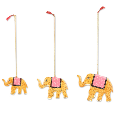 Holzornamente, (3er-Set) - Handbemalte gelbe Elefanten-Holzornamente (3er-Set)