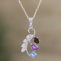 Rhodium-plated multi-gemstone pendant necklace, 'Three of a Kind' - Rhodium-Plated Garnet and Amethyst Pendant Necklace